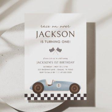 vintage race car boy 1st birthday invitation