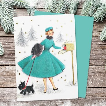 vintage retro christmas woman with scotty dog holiday invitations