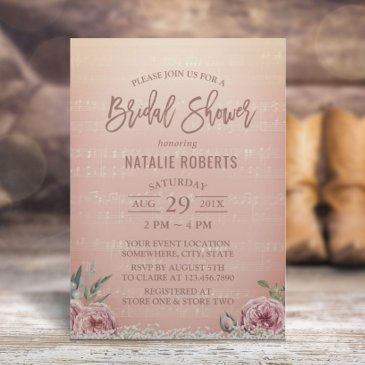 vintage rose gold floral music bridal shower invitation