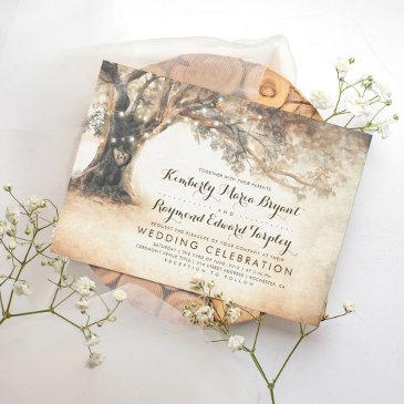vintage rustic carved oak tree wedding invitation