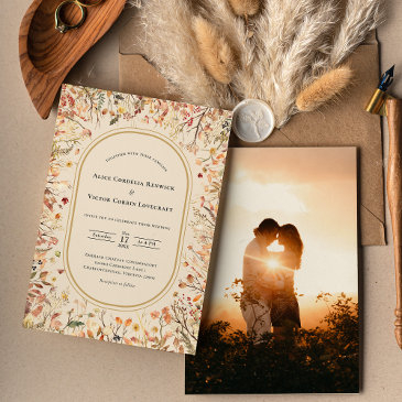 vintage rustic fall beige wedding photo invitation