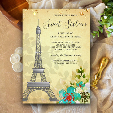 vintage rustic floral eiffel tower sweet sixteen invitation
