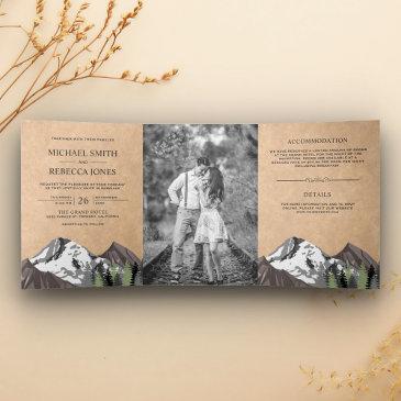 vintage rustic kraft mountain forest photo wedding tri-fold invitation