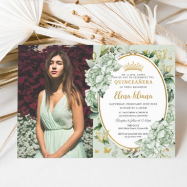 vintage sage green floral butterflies quinceañera invitation