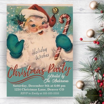 vintage santa with candy cane christmas party invitation