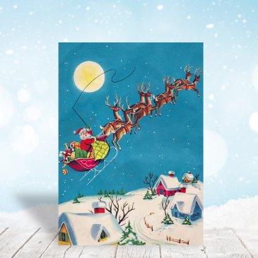 vintage santa with reindeer christmas night holiday invitations