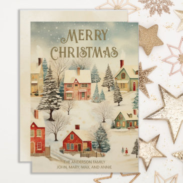 vintage snow covered village merry christmas holiday invitations