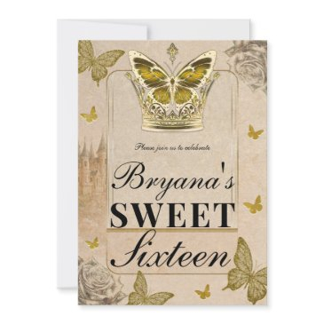vintage storybook castle gold butterfly sweet 16 invitation