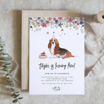 vintage watercolor basset hound dog birthday party invitation