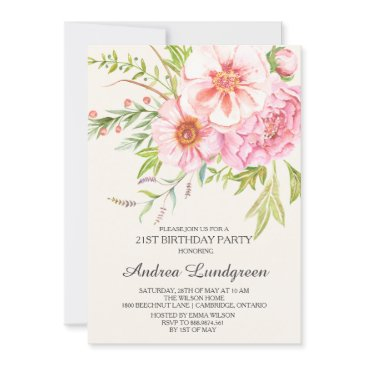vintage watercolor peonies birthday invitation