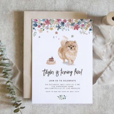 vintage watercolor pomeranian dog birthday party invitation
