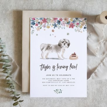 vintage watercolor shih tzu dog birthday invitation