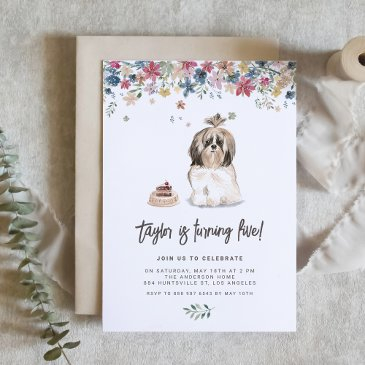vintage watercolor shih tzu dog birthday party invitation
