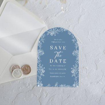 vintage white floral dusty blue wedding save the date