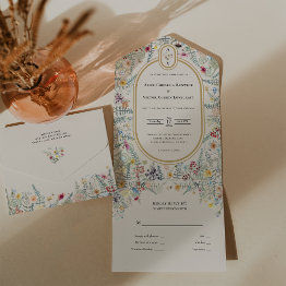 Small Vintage Wildflower Fern Beige Wedding Monogram All In One Invitation Front View