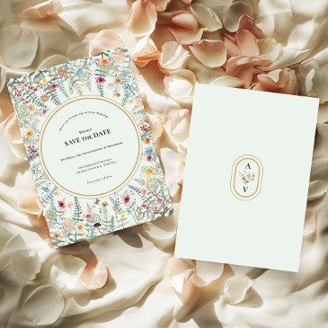 vintage wildflower fern mint green wedding save the date