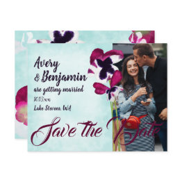 Small Violet Pink Aqua Turquoise Pansies Save The Date Advice Card Front View