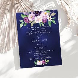 Small Violet Pink Floral Blue Budget Wedding Invitation Front View