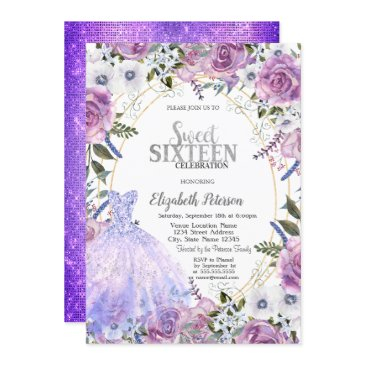 violet roses dress sequins sweet 16 invitation