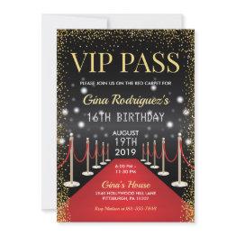Small Vip Pass Hollywood Red Carpet Birthday Invitation Front View