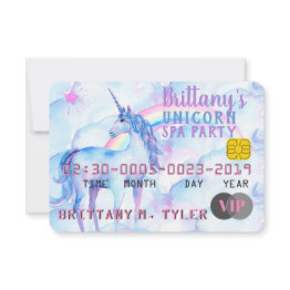 Small Vip Rainbow Unicorn Spa Birthday Party Invitation Front View