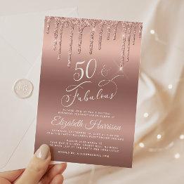 Small Virtual 50th Birthday Party Rose Gold Glitter Invitation Front View