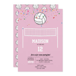 Small Volleyball Ball & Net Pink Girl Birthday Party Invitation Front View