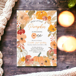 Small Warm Boho Fall Little Pumpkin First Birthday Party Invitation Front View