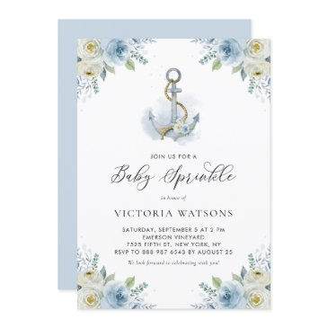 watercolor anchor and blue flowers baby sprinkle invitation