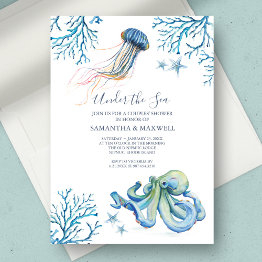 Small Watercolor Baby Shower Invitation Under The Sea Front View