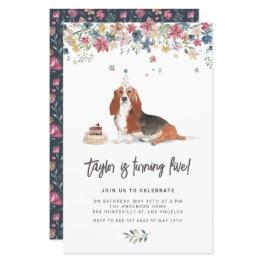 Small Watercolor Basset Hound Dog Birthday Invitation Front View