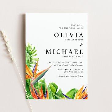 watercolor birds of paradise tropical wedding invitation