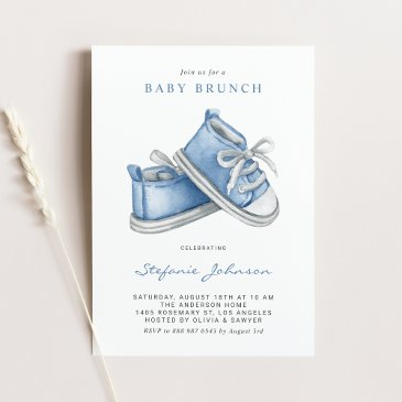 watercolor blue baby shoes it's a boy baby brunch invitation