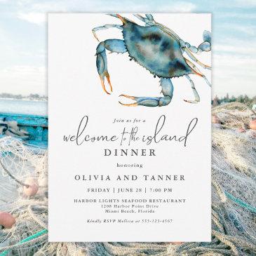watercolor blue crab welcome to the island invitation
