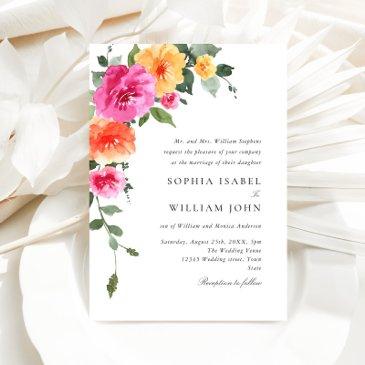watercolor bright pink orange flowers wedding invitation