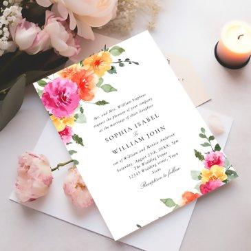 watercolor bright pink orange flowers wedding invitation