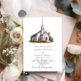 Small Watercolor Church Venue Illustration Wedding Invitation Front View