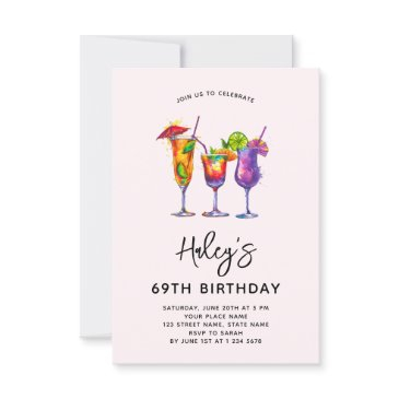 watercolor cocktails 69th birthday party invitation