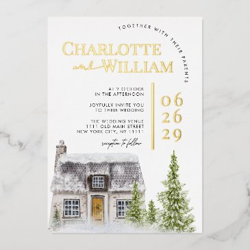 watercolor cottage cabin mountain winter wedding foil invitation