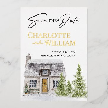 watercolor cottage cabin winter save the date foil invitation