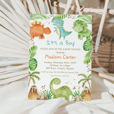 watercolor cute dinosaur greenery boy baby shower invitation