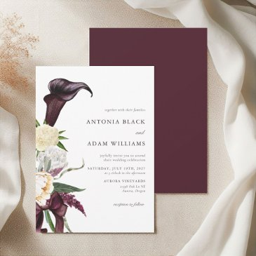 watercolor deep cherry plum floral wedding invitation