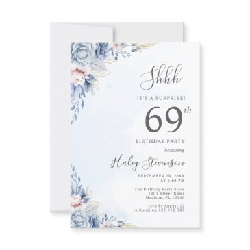 watercolor dusty blue surprise 69th birthday party invitation