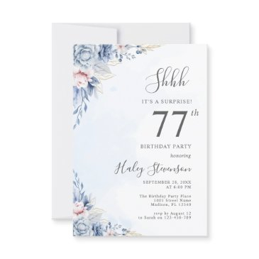 watercolor dusty blue surprise 77th birthday party invitation