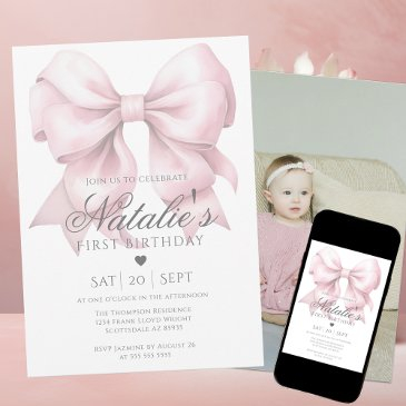 watercolor dusty pink bow photo 1st birthday party invitation