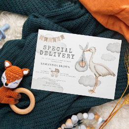 Small Watercolor Elegant Stork Baby Shower Invitation Front View