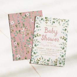 Small Watercolor Eucalyptus Leaves Girl Baby Shower Invitation Front View