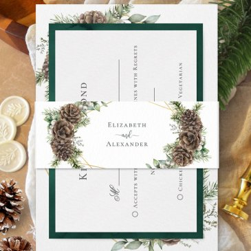 watercolor evergreen pine cone winter wedding invitation belly band