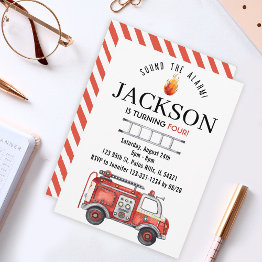 Small Watercolor Firetruck Birthday Invitation For Boy Front View