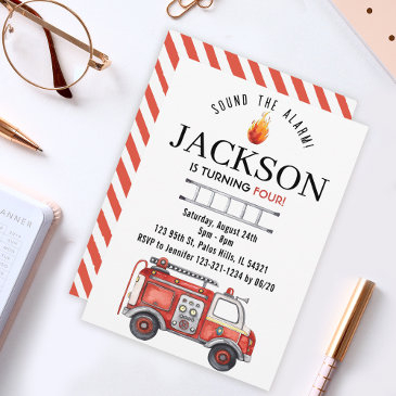 watercolor firetruck birthday invitation for boy
